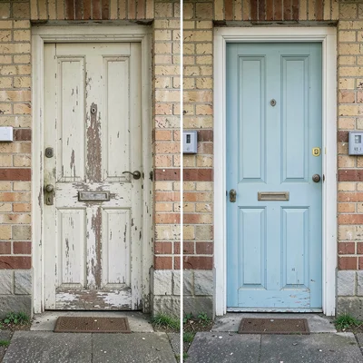 Identical doors, one weathered one freshly painted, same house same position dif