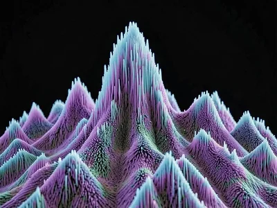 Ferrofluid spikes responding to bass frequencies creating organic mountain forms