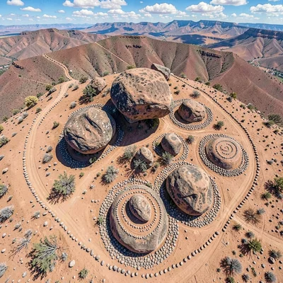 Group of rounded boulders at a desert hilltop from above, rings of scattered peb