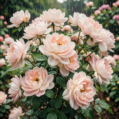 A peony bush in full explosion of pale pink blooms after a rain shower with wate