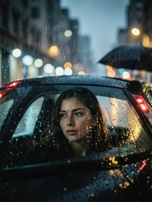 A woman's face partially visible behind a rain-streaked car window, her features