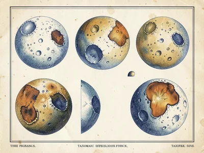 Three views of an unknown moon showing surface craters, dark mare regions, and a