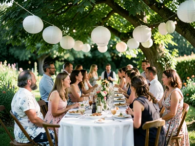Garden party with paper lanterns, guests in summer dresses, long table under tre