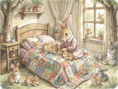 Rabbit mother tucking in babies