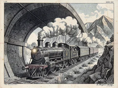 Steam locomotive emerging from tunnel