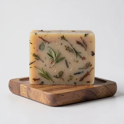 A bar of handmade soap with visible botanicals embedded, on a wooden soap dish, 