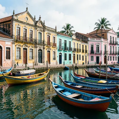 Salvador Pelourinho color, Bahian colonial saturation, Small wooden boats painte