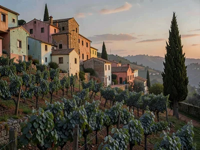 Evening-blue terraced vineyard, vines cool grey-green, last warm light caught on