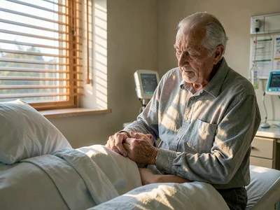 An elderly man holding his sleeping wife's hand in a hospital room, afternoon li