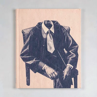 Two-color riso program-cover motif of a halftone academic robe folded over a cha