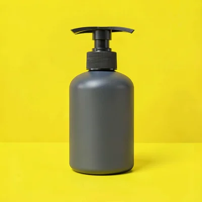 single matte-charcoal soap-dispenser pump straight-on against a saturated lemon