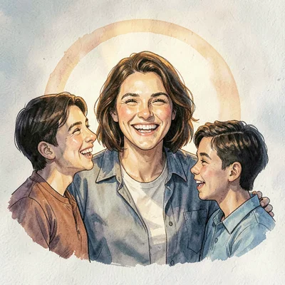 Studio portrait of a counselor laughing with a parent and student, warm lamp hal