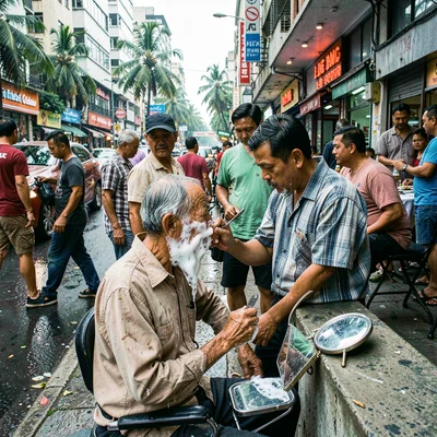 Documentary photograph of megacity life, dense urban scene, An elderly man getti