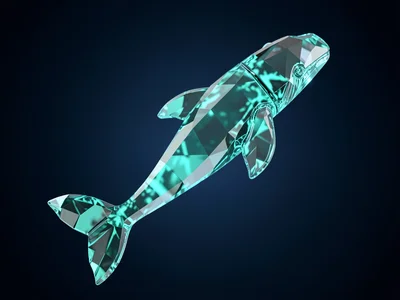 Aquamarine glass whale floating mid-air against a deep ink-blue gradient with in