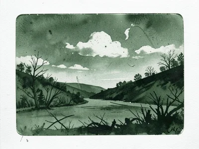 Landscape monoprint in dark green ink, wiped clouds and scratched tree lines, at