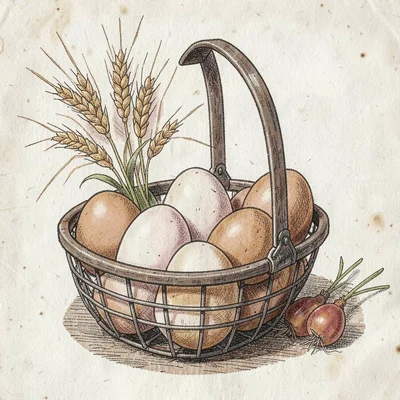 Artisan food packaging illustration, Farm fresh eggs in wire basket , farm-to-ta