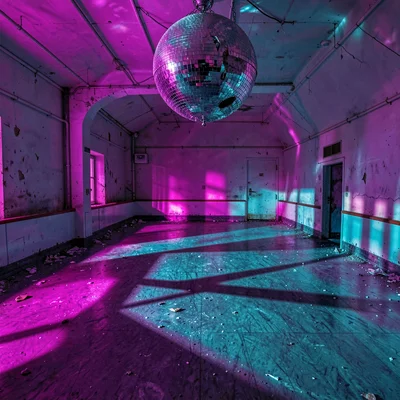 Abandoned roller rink interior, disco ball spinning, impossible magentas and cya
