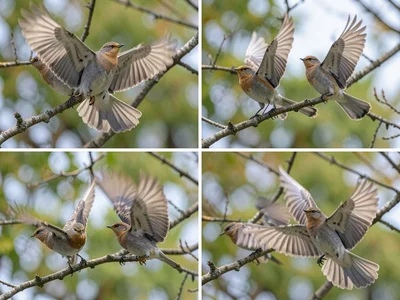 Bird taking off from branch, multiple exposures freezing every wingbeat, physics