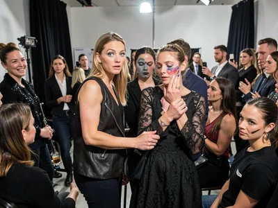 Fashion week backstage at peak panic, clothes and bodies and makeup and beautifu