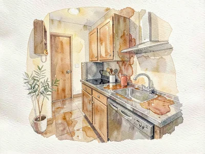 Atmospheric watercolor of a small kitchen attached to the hall, warm pigment poo