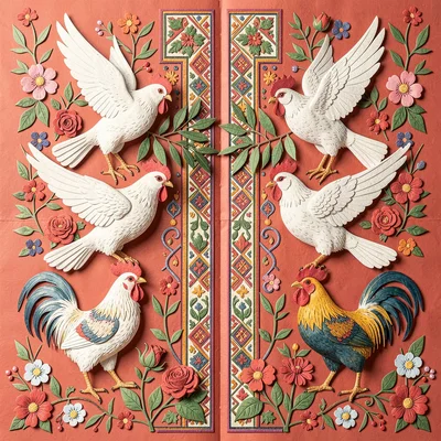 Polish wycinanki paper cut illustration, doves carrying olive branches meeting i