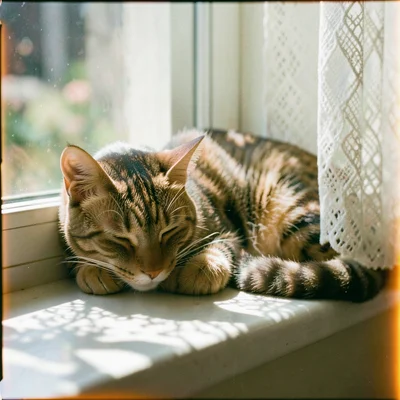 A cat napping on a sun-warmed windowsill, lace curtain casting shadow patterns o
