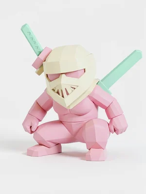 Crouched dusty-pink lowpoly ninja character with chunky cream mask wrap and a mi