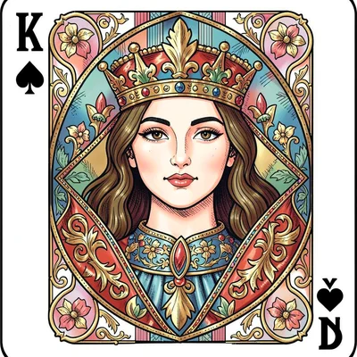 Playing card face illustration, Queen as card queen face with ornate headdress ,