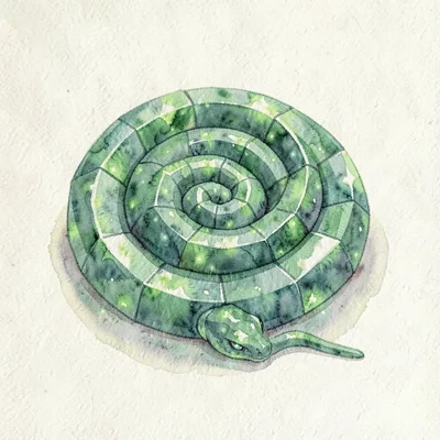 Smooth peridot lowpoly snake coiled in a tight spiral with green internal facets