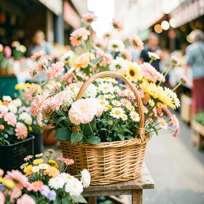 Market flowers in a wicker basket