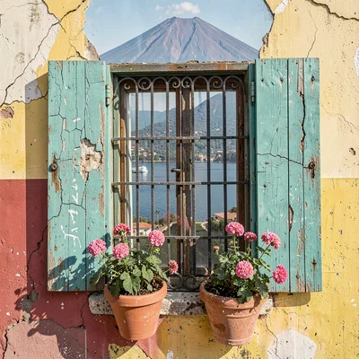 Colonial color against volcano in Granada, Nicaragua, Colonial window detail: wr