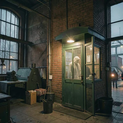 Textile factory ghosts in industrial Łódź, night watchman booth, single light st