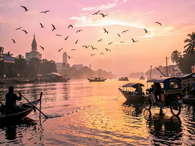 Delta sunset with boats
