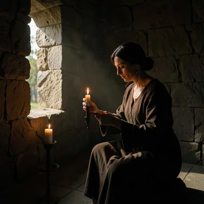 Dramatic natural light streaming through stone openings, deep chiaroscuro shadow