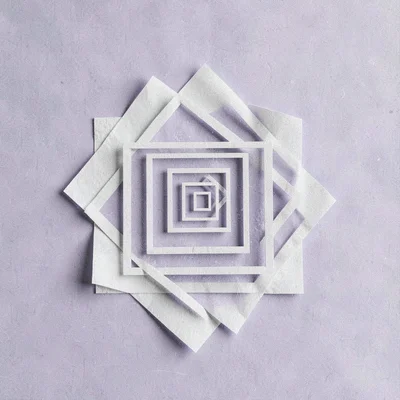 Centered vector spiral of nested squares blooming outward, lilac and chalk palet