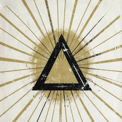 Two-color screenprint poster of a stylized play-triangle bursting with rays, mus
