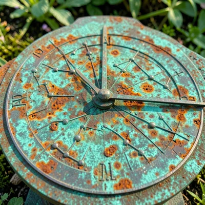 Bronze sundial in garden, oxidation marks like spring constellations