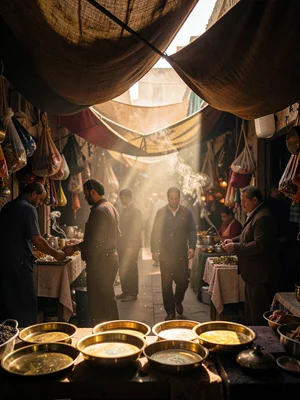 Incense smoke curling through single beam of light between fabric awnings, brass