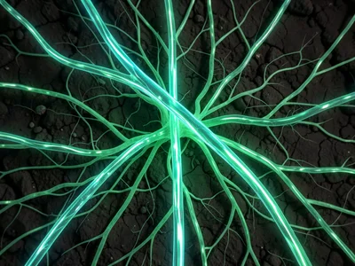 Fiber optic cables growing like mycelium network underground, cross-section view