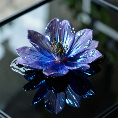 Liquid chrome flower blooming, petals unfolding, reflected in dark mirror surfac
