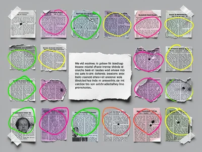 A single torn newsprint paragraph at the center, photocopied multiple times acro