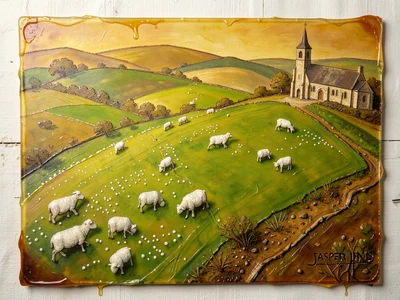 Rolling hillside with sheep and spring lambs seen from above, the wool rendered 