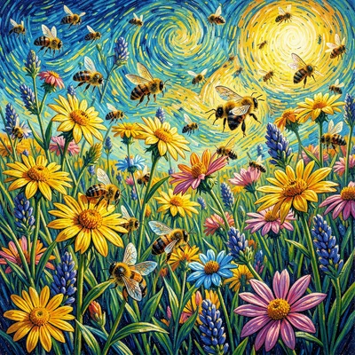 Post-impressionist Provençal intensity, emotional saturated color, Bees swarming