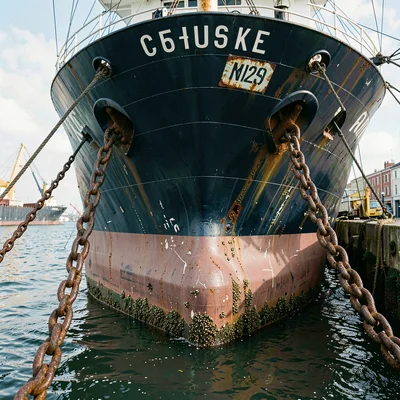 Port city documentary photograph, The bow of a cargo ship from below, anchor cha