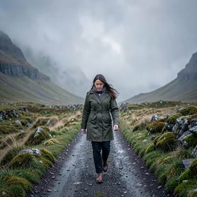 Highland atmospheric mist, Skye grey-green-purple, Woman in oilskin jacket walki
