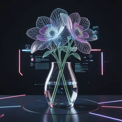 Flower vase where flowers are wireframe and vase is photorealistic glass