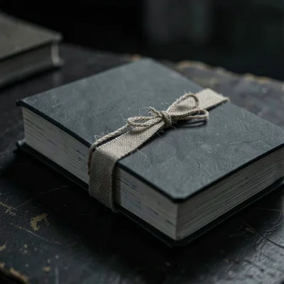 Charcoal of a stack of finished journals tied with linen tape, deep darks