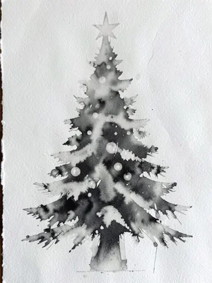 Ghost monoprint of Christmas tree, faded second pull creating ethereal glow