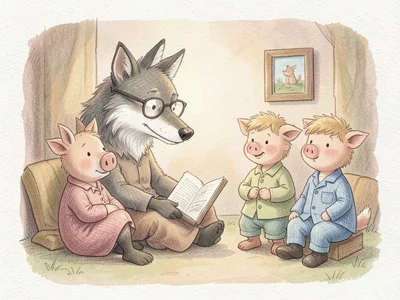 A wolf in reading glasses telling a bedtime story to three little pigs in pajama