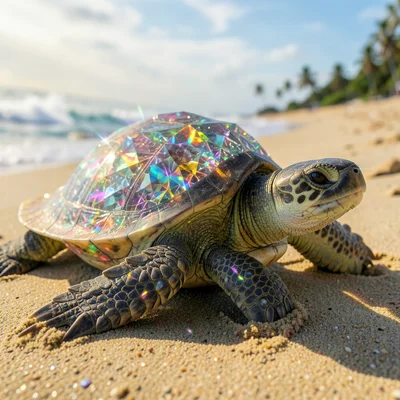 Turtle with crystal shell, prismatic light refracting through shell, beach setti